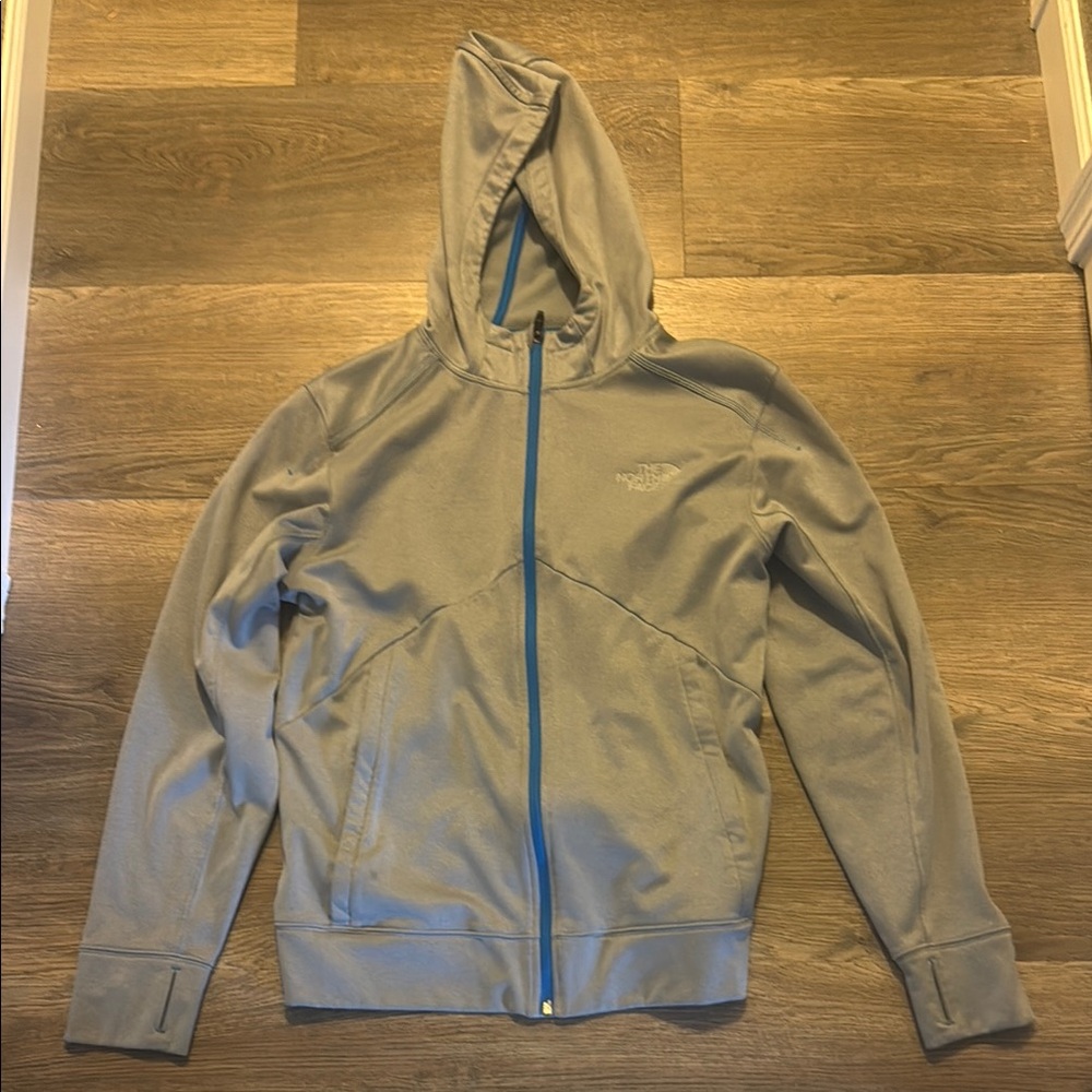 The North Face Light Gray Hoodie with Blue Zipper